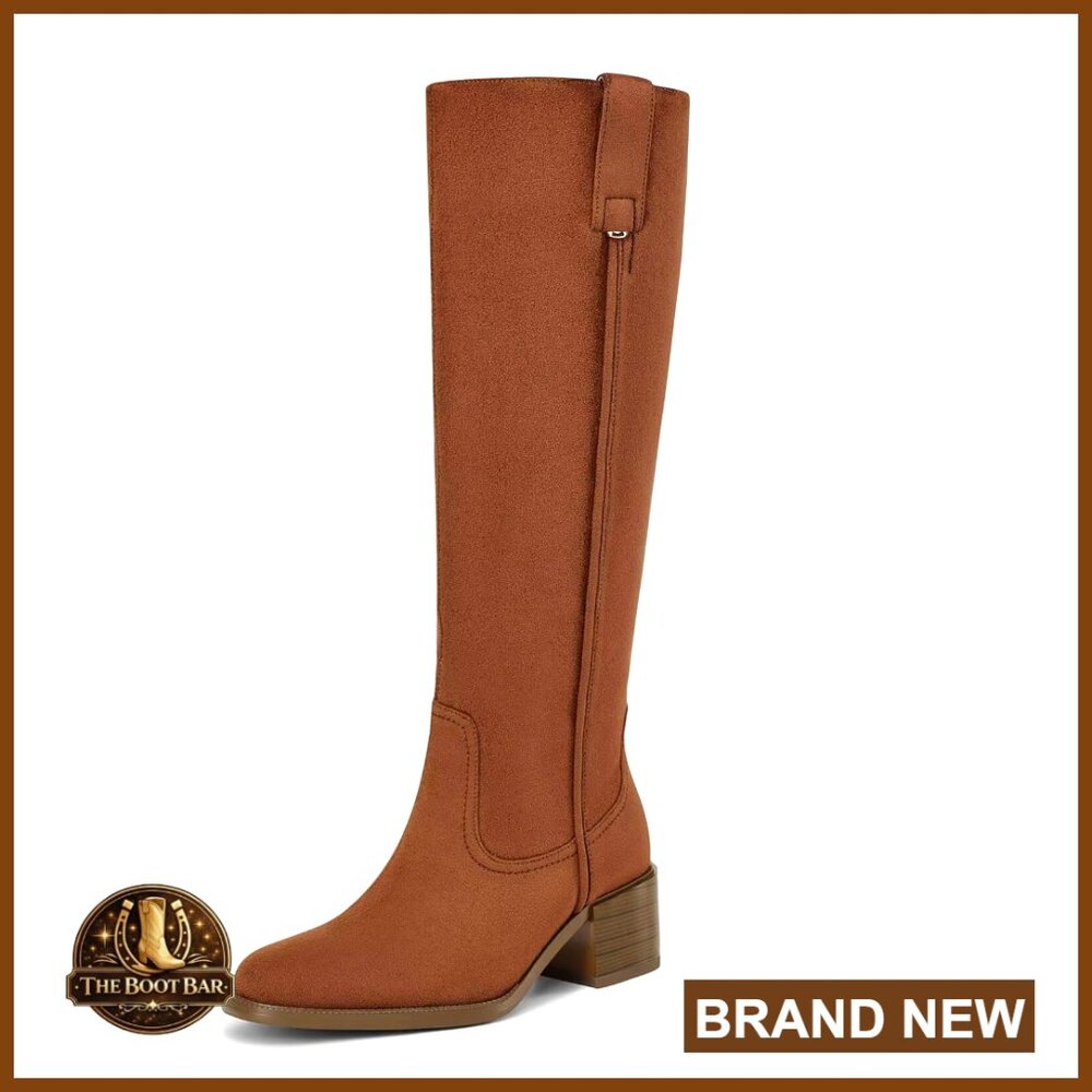 Knee High Boots Chunky Heel Round Toe Leather Patent Tall Boots Side Zipper